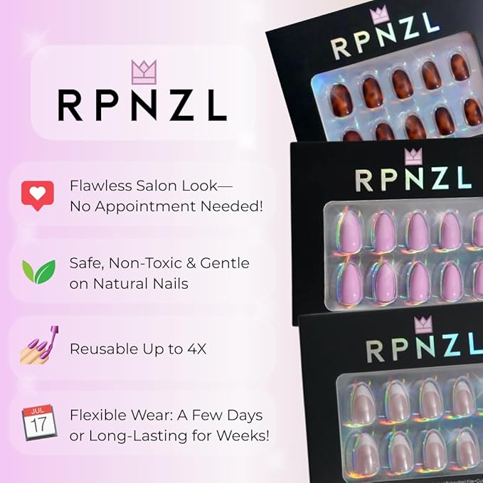 RPNZL Press On Nails - Halo | White and Pink Cat Eye, UV Finish Medium Almond Nails, Salon Quality | 32 Nails, 16 Sizes Kit with Glue and Adhesive Tabs I Female Founded