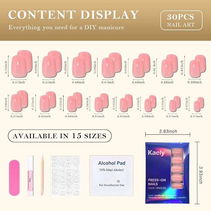 evpct Nude Pink Short Press on Nails Square, Glossy Soft Gel Acrylic Fake Press on Nails Manicure Kit, Reusable Artificial Stick on Nail for Women, Full Cover Easy Application Easy At-Home Salon