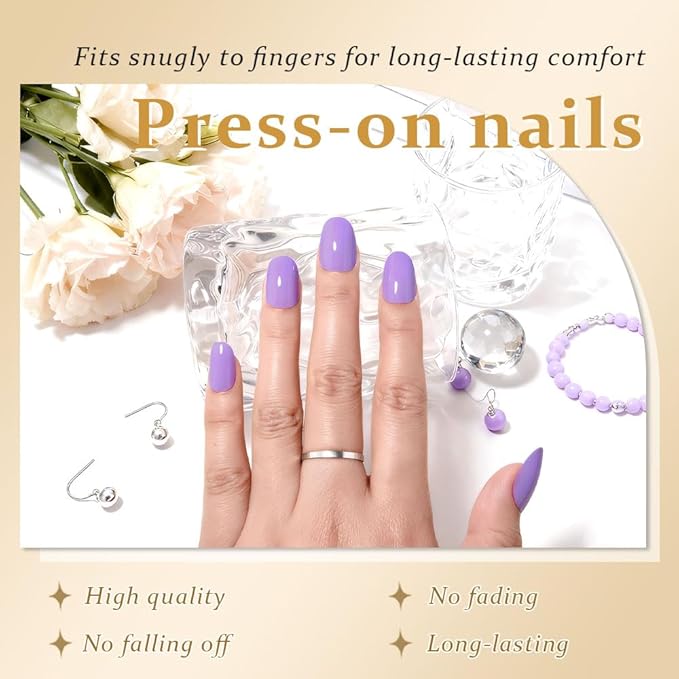 evpct Lavender Purple Medium Oval Glossy Press on Nails for Women Gift, Glossy Purple Fake Nail with Kits Manicure Kit, Soft Gel Full Cover Reusable Stick on Soft Acrylic False Nails Perfectly Fit