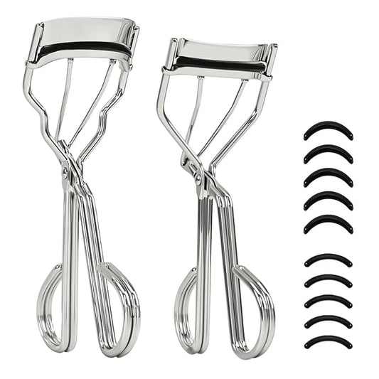 qiipii 2 Kinds of Eyelash Curlers with Different Curvature Suitable for Various Eyes Shapes, Silver Comfort Grip,10 Silicone Replacement Refills Pads for Perfect Framed Lashes - Gentle & Safe Use