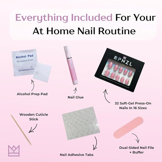 RPNZL Press On Nails - Petal Pink I Solid Opaque Light Pastel Pink Short Oval Nails, Salon Quality, 32 Nails, 16 Sizes Kit with Glue and Adhesive Tabs - Female Founded