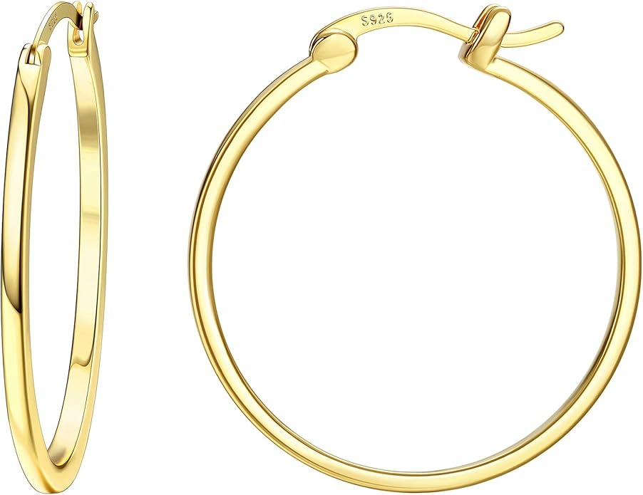 Hayoso 18K Gold Plated Hoop Earrings - 925 Sterling Silver Hoop Earrings Womens Hypoallergenic Hoops | Square Tube Hoop Earrings for Women 15mm/20mm/30mm/40mm