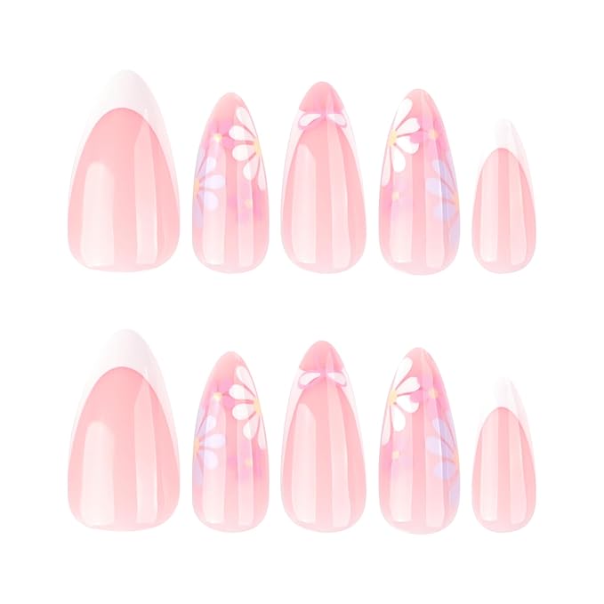 XZMeiLun Bow French Tip Press On Nails Spring Summer Acrylic Nails for Women - Purple Flower Designer Fake Nails Short Almond 24Pcs, Outdoor Picnic/Wedding/Party Reusable Glue On Stick On Nails
