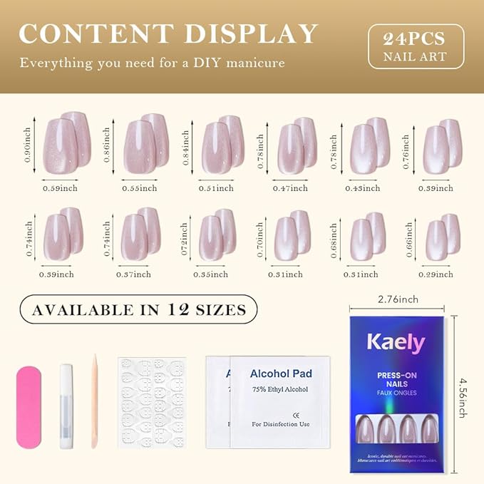 evpct Nude Cat Eye Coffin Press on Nails Square Medium, Medium Square Stick on Nail for Women Gift, Nude Metallic Glitter Glossy Reusable Summer Soft Gel Press on Acrylic Fake Nail with Designs