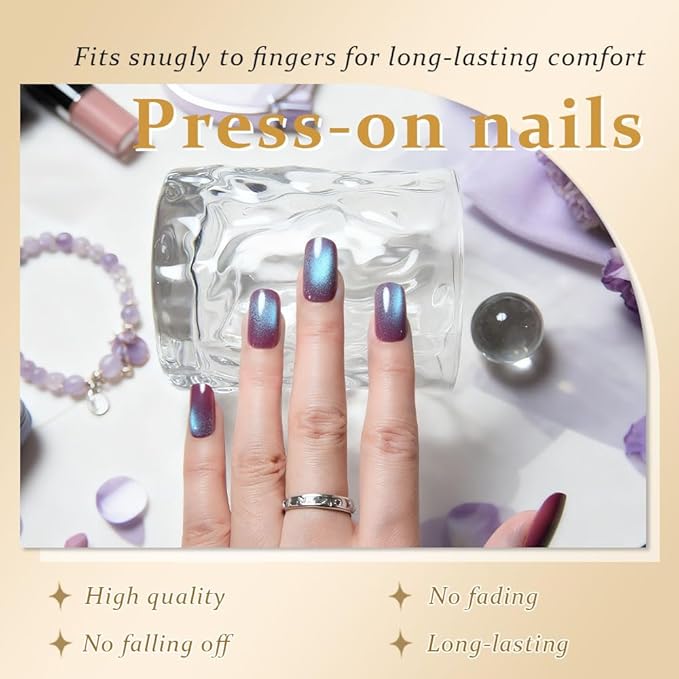 evpct Mauve Blue Reflective Metallic Cat Eye Press on Nails Square Medium, Stick on Nails Medium Length Square for Women, Mauve Metallic Nail press ons, Iridescent Glitter Acrylic Fake Press on Nail