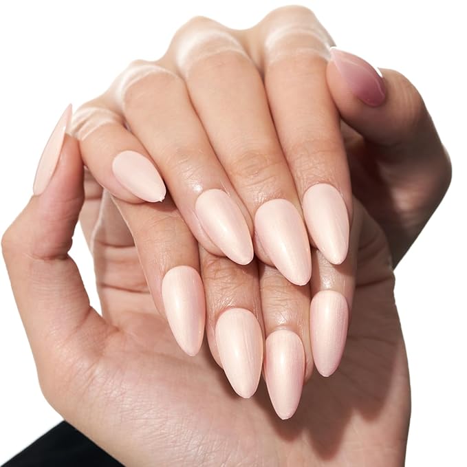 GLAMERMAID Press on Nails Medium Almond, Spring Handmade Shimmer White Pearl Gel Glue on Nail, Glossy Short Stiletto Reusable Pink Fake Nails Acrylic False Nails Manicure Kits for Women