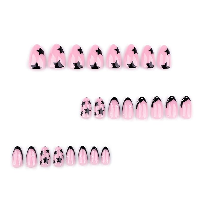 XZMeiLun Press On Nails Spring Acrylic Nails for Women - Star French Designer Fake Nails Short Almond 24PCS, Glossy Soft Gel with Glue, Outdoor Picnic/Wedding/Party Reusable Stick On Nails Gift