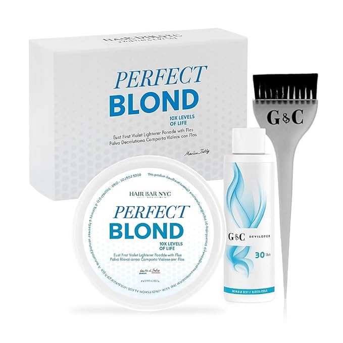 Hair Bar NYC Perfect Blond 10x Extreme Blue Lightener +30 Volume Anti-Yellow Blue Developer Kit Dust-Free Hair Bleach with Keratin & Bond Building, Cool-Toned, Bright Finish Developer Kit 60g/2.11oz