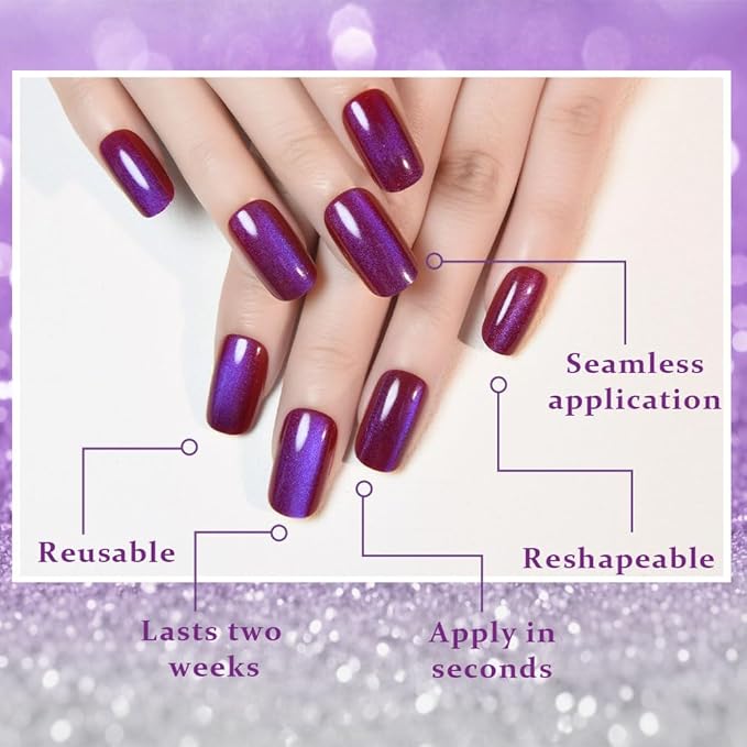 evpct Purple Blue Metallic Cat Eye Press on Nails Square Medium, Stick on Nails Medium Length Square for Women, Purple Metallic Nail press ons, Iridescent Glitter Halloween Acrylic Fake Press on Nail