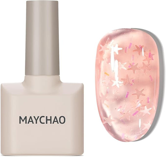 MAYCHAO Jelly Gel Nail Polish -15ML Sheer Pink Jelly Gel Polish Soak Off UV LED Nude Star Pink Nail Polish for DIY Manicure Home Salon Nail Art