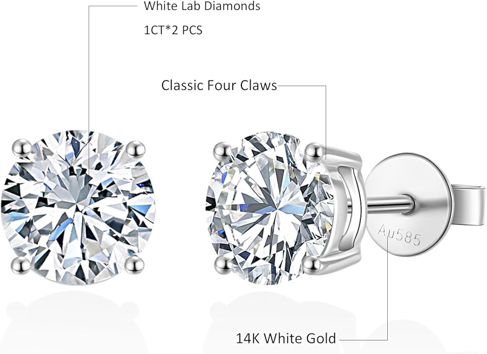 14K White Gold Lab Grown Diamond Stud Earrings, 0.5-2.00 Ct Round IGI Certified, E-F Color VS1-VS2 Clarity, Push Back Setting