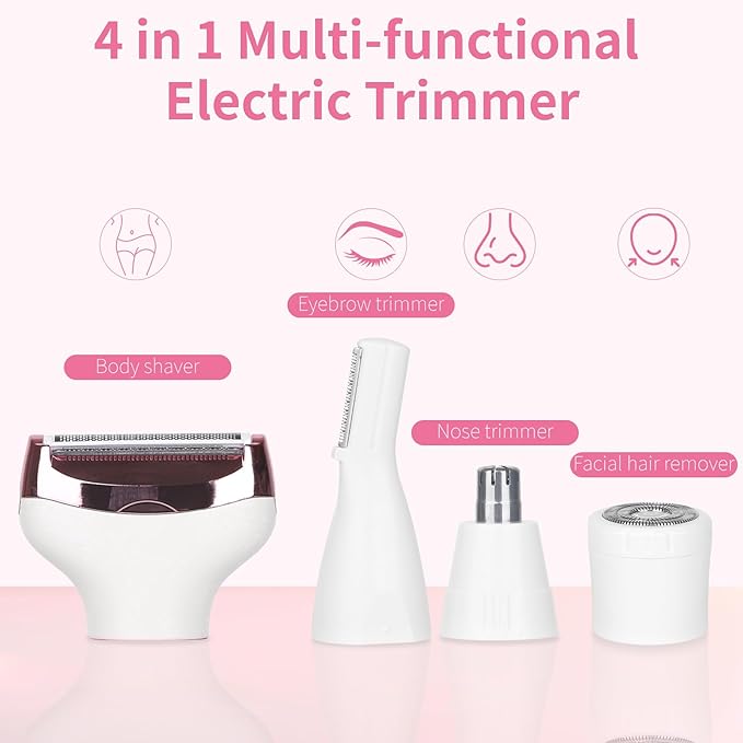 Beanify Electric Razor for Women Men with LED Display,4 in 1 Ladies Wet & Dry Body Razors and Facial Hair Remover, Rechargeable Painless Hair Removal Kit for Nose Face Body Leg Bikini Arm Hair