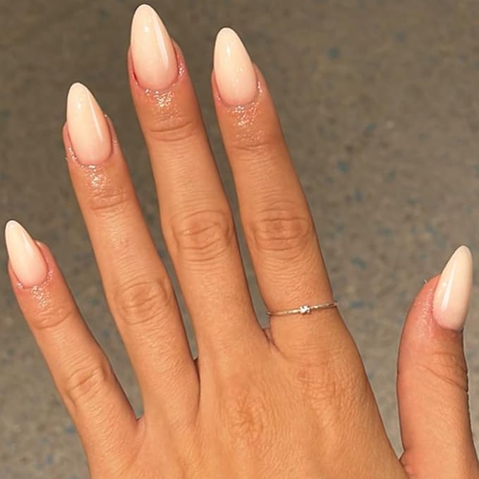 GLAMERMAID White Press on Nails Medium Almond, Handmade Milky Cream White Neutral Jelly Sofy Gel Glue on Nail Stiletto, Glossy Fake Nails Short Oval，Reusable Acrylic Stick on False Nail Kits for Women