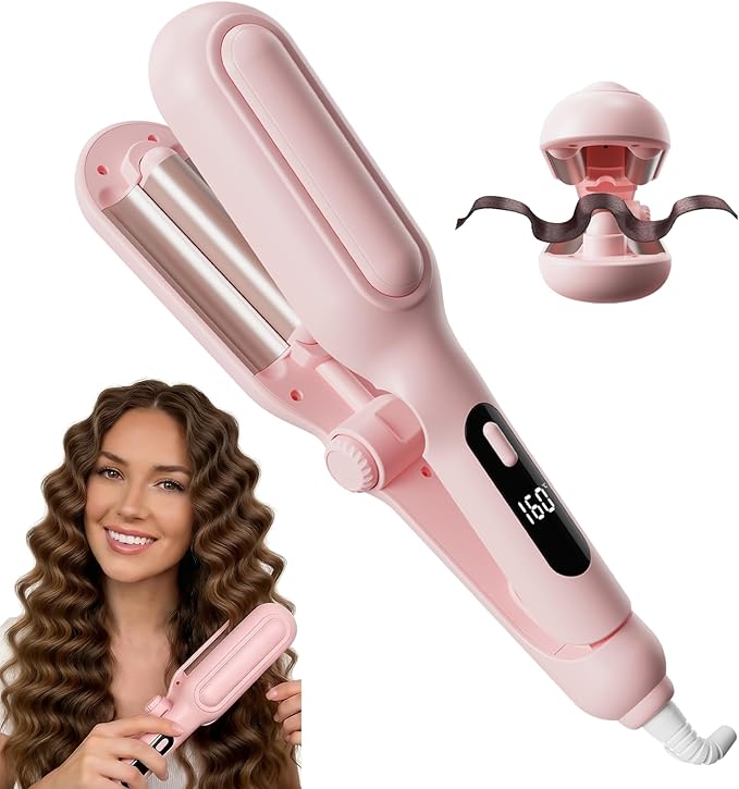 Hair Crimper for Women - Curling Iron Waver Hair Tool to Adjustable Groove - Rizadora para Cabello - Anti-Scald Tech Hair Waver - Ionic Ceramic Coating for Long-Lasting,Fast Heating,Pink, 1/1.25 Inch