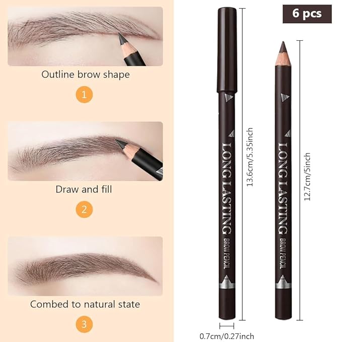 6Pcs Brow Pencil Set with Sharpener– Wooden Hard-Core Eyebrow Pencils, Perfect for Eye Brows & Eyeliner, Waterproof & Sweat-Proof for Beginner makeup (Black+3*Dark Brown+2*Brown, Pack of 6)