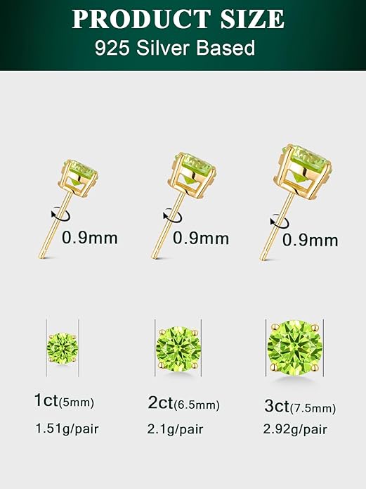 Wyyxl Peridot Earrings 14K Gold Plated Sterling Silver August Birthstone Earrings for Men Women Hypoallergenic Round Cut 1-6 Carat Peridot Jewelry Party Everyday Wear