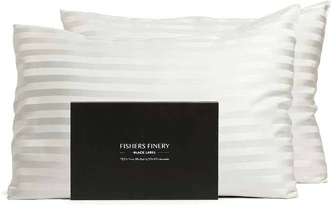 Fishers Finery 30mm 100% Pure Mulberry Silk Pillowcase Set, Quality Tested (White Stripe, Standard, 2 Pack)