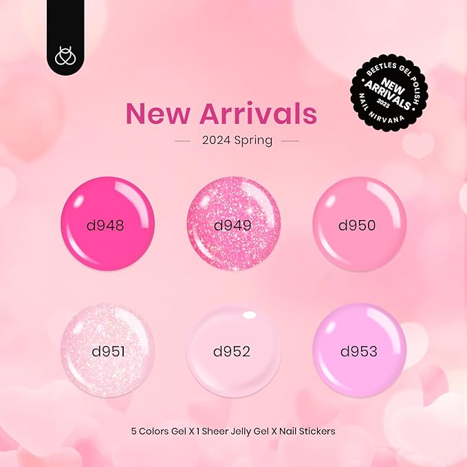 Beetles Pink Gel Nail Polish, 6 Colors Hot Pink Glitter Bright Jelly Gel Polish Soak off Uv LED Cured Nail Art Design Salon Home DIY Manicure Valentines Day Gifts for Women