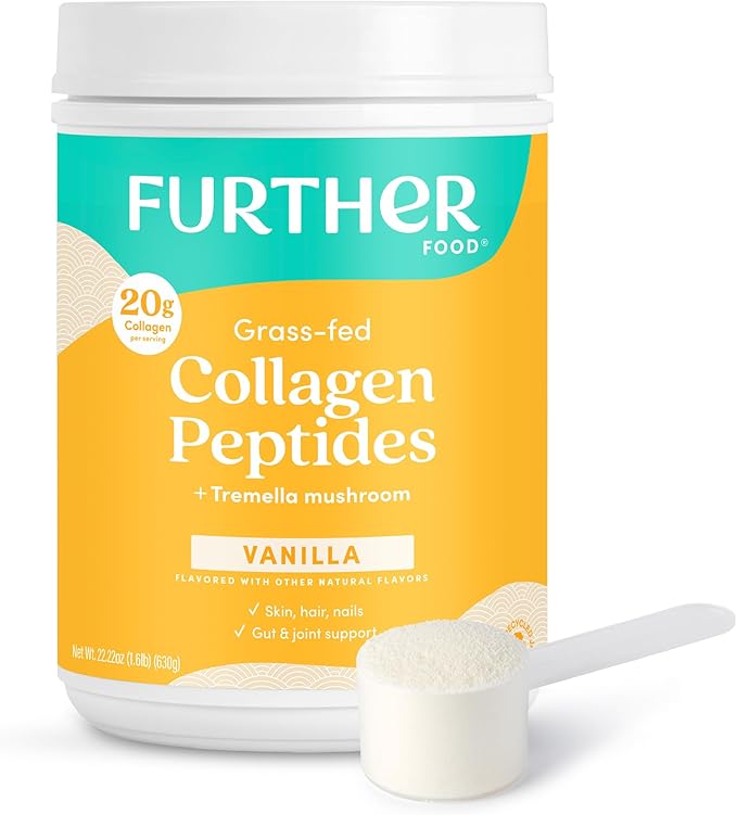 Further Food Vanilla Collagen Peptides Powder with Tremella Mushroom – 100% Grass-Fed, Hydrolyzed Type 1 & 3, 20g of Collagen per Serving, Supports Skin, Hair, Nails & Joints, 22.22 Oz