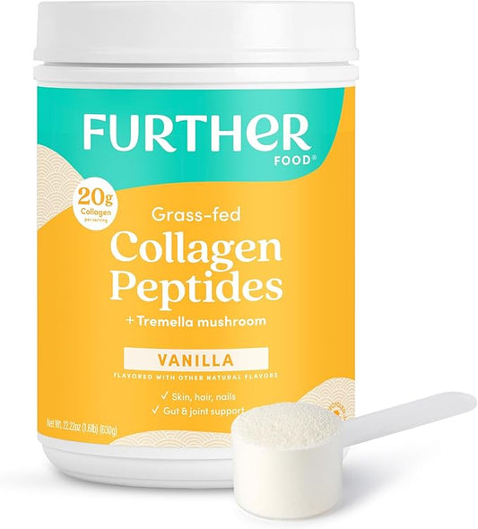Further Food Vanilla Collagen Peptides Powder with Tremella Mushroom – 100% Grass-Fed, Hydrolyzed Type 1 & 3, 20g of Collagen per Serving, Supports Skin, Hair, Nails & Joints, 22.22 Oz