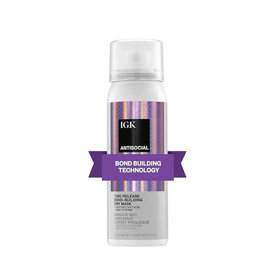 IGK ANTISOCIAL Bond-Building Dry Hair Mask Travel | Repair + Soften + Shine | Vegan + Cruelty Free | 1.7 Oz
