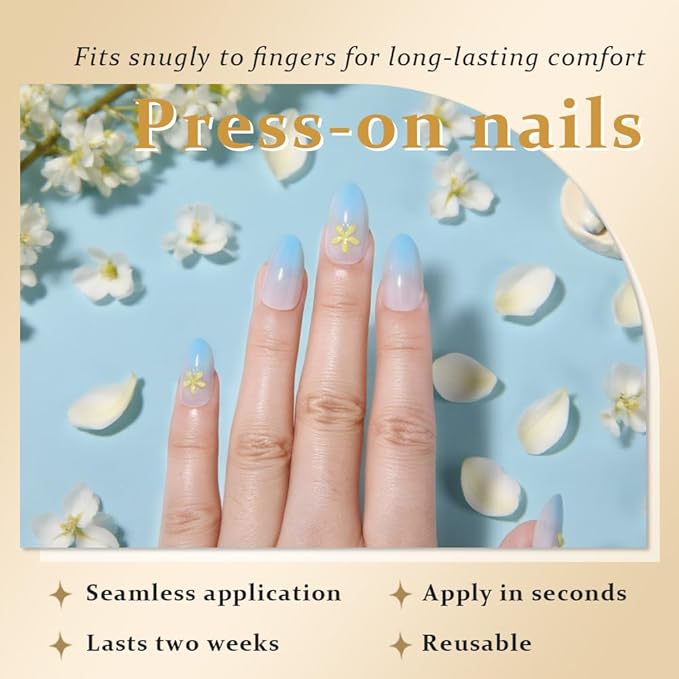 evpct Ombre Sky Blue Glossy Press on Nails Short Almond, Sky Blue Fake Nails Reusable 3D Flower Design, Acrylic False Nail Stick on Press ons for Women Gifts, Ombre False Nail Kit with Kits 24Pcs