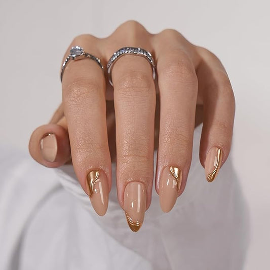BTArtbox Press On Nails Almond - Medium Glue On Nails with 3D Sculpting Metallic Design, Supremely Fit & Glossy Fake Nails in 15 Sizes, Amber
