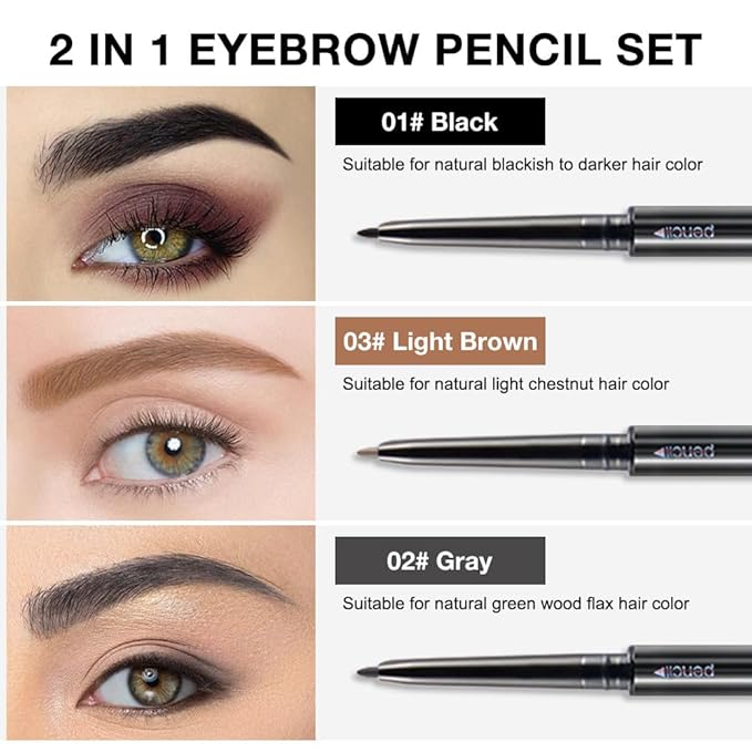 5 Pcs Dual-Sided Auto-rotate Ultra-Fine Tip Eye Brow Pencils Pack,Draws Tiny Brow Hairs, Defines, Fills Brows, Shapes, Contours, Combs, ‌1mm Pen Point (2*Black+2*Light brown+Gray)