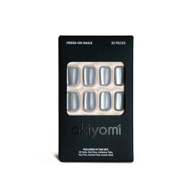 Okiyomi Silver Press on Nails - Metallic Cat Eye Press on Nails | Magnetic Moonlit Shimmer - Short Ballerina Squoval Shape - 15 Sizes - 30 Soft Gel Fake Nails with Glue and Stick On Tabs