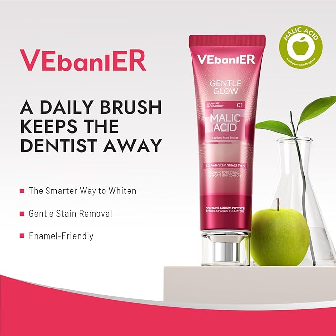 Vebanler MALIC Acid Teeth Whitening Toothpaste,Natural Care Deep Stain Removal&Plaque,Fluoride Free,Non Toxic,for Adults, Kids and Sensitive Teeth，with Niacinamide，3.57oz.