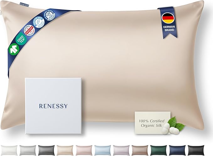 RENESSY Premium Silk Pillowcase 100% Organic Mulberry Silk, 22 Momme, Grade 6A - Oeko-Tex Certified in Germany - Luxury for Hair & Skin, 1 Piece (Standard Size 20x26 Inches, Champagne)