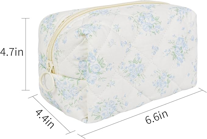 Quilted Makeup Bag Floral Cotton Make up Bag Puffy Coquette Makeup pouch Aesthetic Cute Travel Toiletry Bag for Women Girls