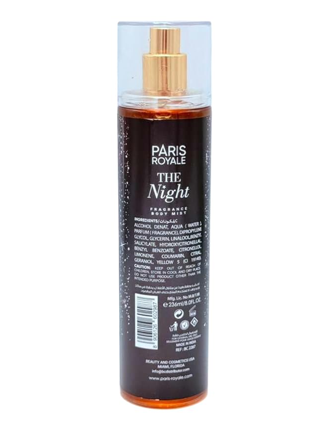 Paris Royal The Night Body Mist for Women, 8 Fl Oz - Mysterious Floral & Musk Fragrance - Enveloping Evening Body Spray (The Night)