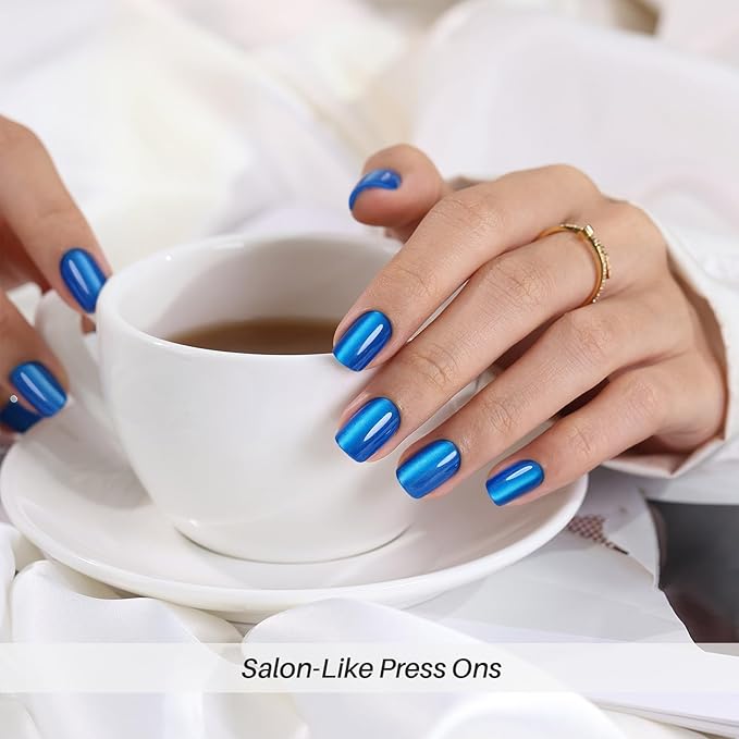 SHANGMENG Blue Cat Eye Press on Nails Square - Soft Gel Press on Nails Short for Women Gift, Fit Perfectly & Natural Stick on Nails with Glue in 16 Sizes - 32 Reusable Fake Nails, Royal Blue
