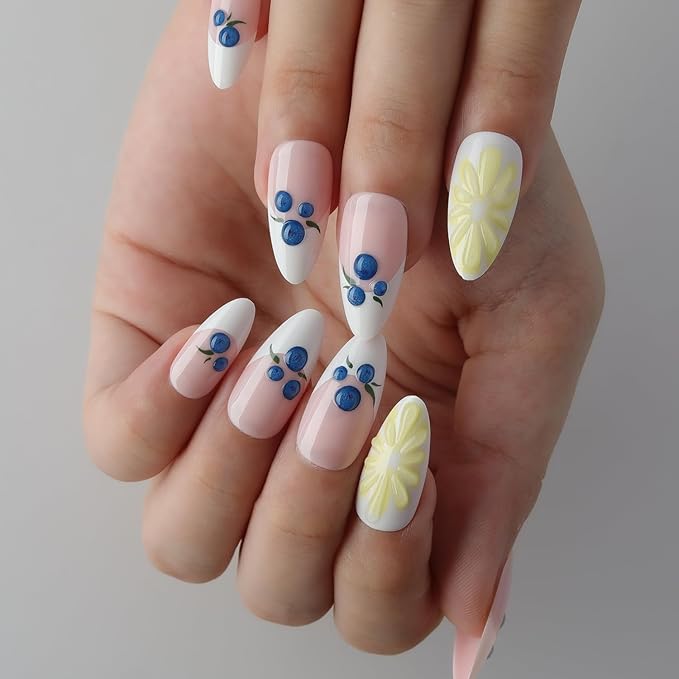 XZMeiLun 3D Blueberry Flowers Press On Nails Almond Medium, 3D Pattern Designer Reusable Acrylic Nails Press Ons, Fake Nails With Glue On, Daily Wear Floral False Nails For Women