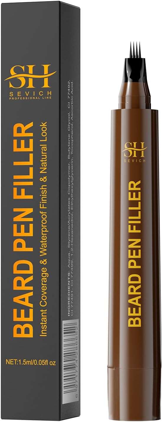 Sevich Beard Pen Filler for Men,Instant Beard Dye for Men,48h Waterproof & Sweatproof, 4-Prong Tip for Seamless Application, Enhances All Beard Types with Fuller, Dark Brown