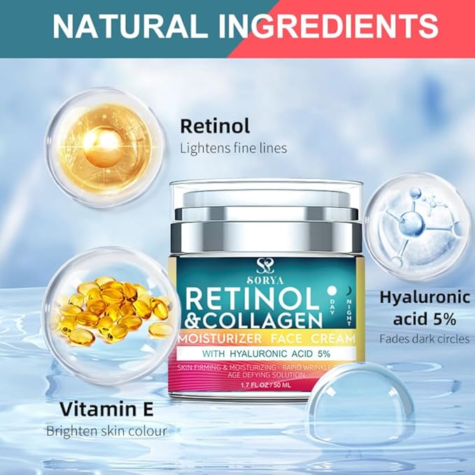 SORYA Retinol & Collagen Face Cream – Hydrating Facial Moisturizer with Hyaluronic Acid & Peptides for Daily Skin Care