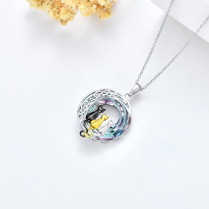 TOUPOP Cat Gifts for Cat Lovers One Two Three Four Cats Necklace Sterling Silver Cats on the Moon Pendant Necklace with Blue Circle Crystal Birthday Christmas Celtic Jewelry Gifts for Women
