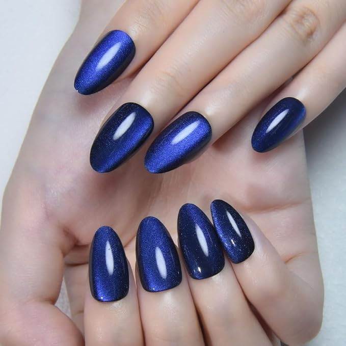 evpct Dark Blue Press on Nails Almond Short, Royal Blue Cat Eye Glitter Press on Nails for Women Gift, Soft Gel Press Stick on Nail with Nail Kit, Full Cover, 30Pcs Reusable Acrylic Fake Nails Kit
