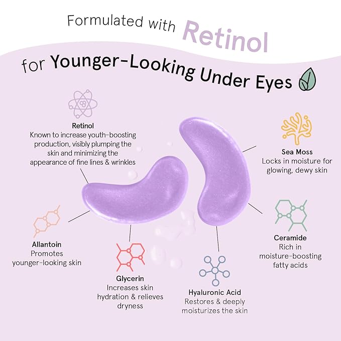 grace & stella Retinol Under Eye Patches for Puffy Eyes and Dark Circles - Restoring Gel Under Eye Masks with Hyaluronic Acid - Vegan Skincare, White Elephant Gifts for Adults (Purple, 48 Pairs)