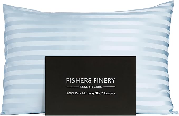 Fishers Finery 30mm 100% Pure Mulberry Silk Pillowcase, Quality Tested (Blue Stripe, Queen)