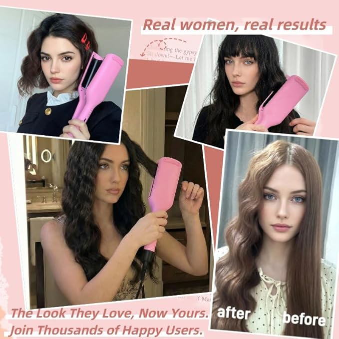 NONK Power Curling Iron Hair Crimper Waver, Ceramic Double Barrel Curling Wand, 1.25 Inch, Dual Voltage, Anti-Scald, Easy to Use, hot Tools Curling Iron for Women, bio Ionic, Pink, Gifts for Women
