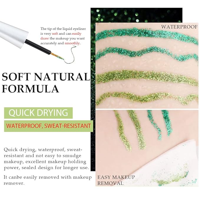 evpct 2Pcs Dark Light Emerald Green Glitter Liquid Eyeliner Makeup Sets Green Glitter Metallic Shimmer Eye Liner Pencil Liquid Eyeshadow for Women delineador con glitter de colores para ojos colores