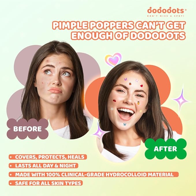 Dododots Butterfly, Cat, Flower and Heart Pimple Patches for Face - Cute Acne Hydrocolloid Patch, Pimple Patches for Zit, Spot and Blemish Treatment, 80 Acne Patches, 4 Set