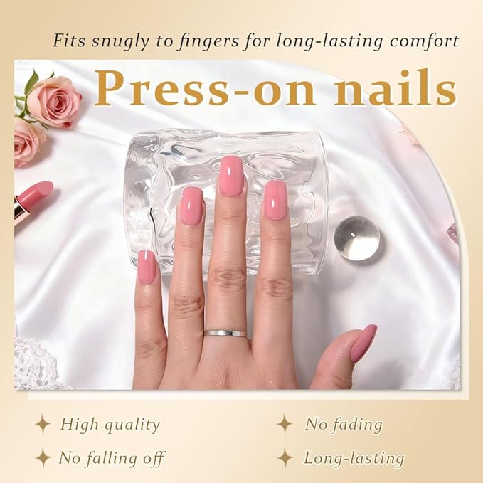 evpct Mauve Red Short Squoval Glossy Press on Nails for Women Gift, Glossy Mauve Red Fake Nail with Nail Kit Manicure Kit, Soft Gel Full Cover Reusable Stick on Acrylic False Nails Perfectly Fit