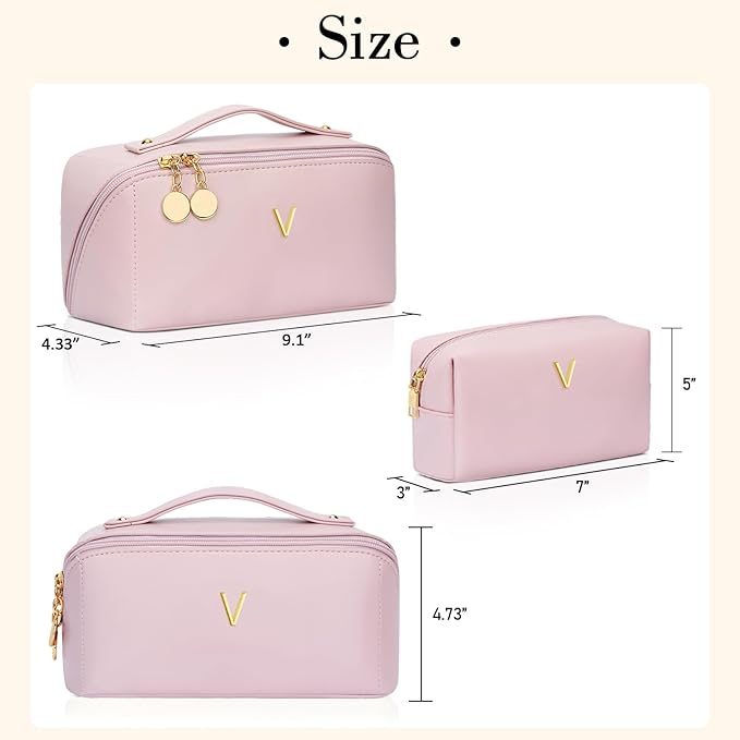 Valentine's Day Gifts for Women Teen Girl, Personalized Initial Makeup Organizer Bag Set, Open Flat Travel Cosmetic Bag With Clear Divider and Handle(Pink,V)