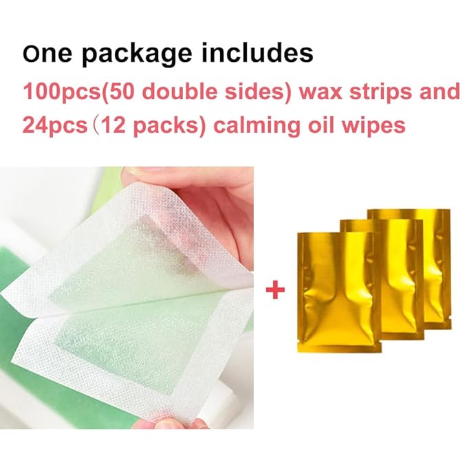 Wax Strips 100 Strips Removal Waxing Strips Patch/Patches Hair Body wax strips for Hair Removal at Home for Men and Women Depilatory Patch 100 Wax Strips + 24 Calming Oil Wipes