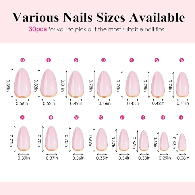 Canvalite Press On Nails Almond, Short Press on Nails Gold French Tip Reusable Acrylic Fake Nails with Glue & Glue Remover Easy to Use 30Pcs Manicure Kit for Women
