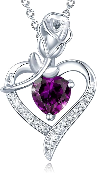 AGVANA Christmas Gifts Rosy Reverie Birthstone Necklace for Women Sterling Silver Genuine or Created Gemstone Rose Flower Heart Pendant Necklace Anniversary Birthday Gifts for Women Mom Wife Her