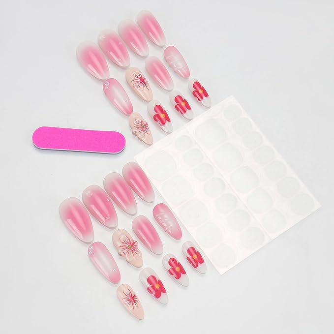 24Pcs Pink Press on Nails Floral False Nails Medium Almond Nails for Summer,Handmade Manicure Flower Nails Press On Nails Design with Adhesive Nail File Set Acrylic Nail for Women